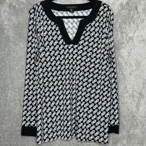 Tahari XL Shirt Top Black Gray Geometric Long Sleeve Split Scoop Neck Stretch